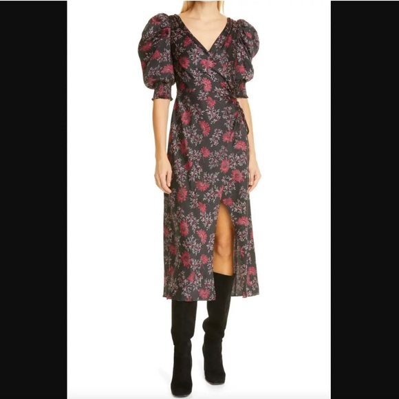 CINQ A SEPT Black Raspberry Floral puff sleeve Daisy Kacy Dress - Picture 1 of 9